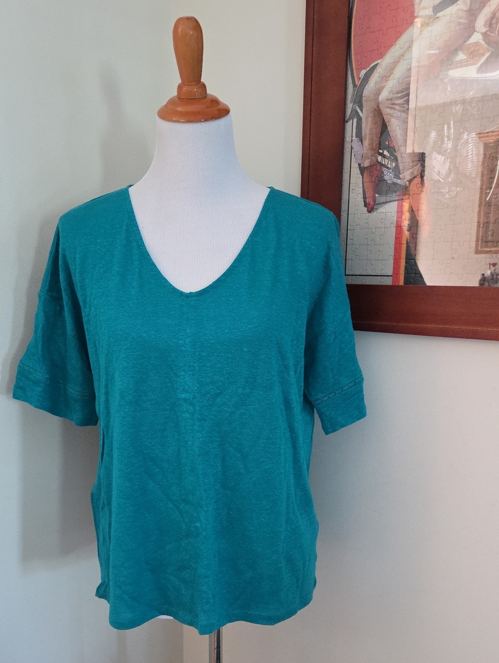 J. Jill Love Linen  Teal V-Neck Women's Top - Lightweight Casual Tee